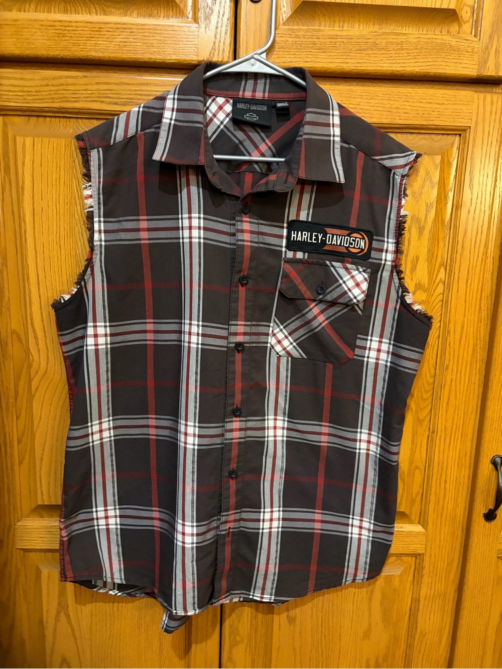 Harley-Davidson Black Red White Plaid Sleeveless Button-Up Shirt